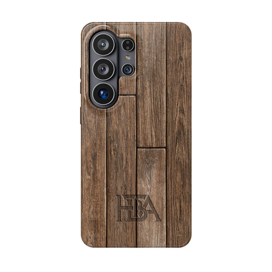 Wooden phone case with HTBA logo on a white background