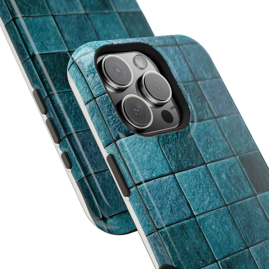 Phone case with blue tile pattern on a white background