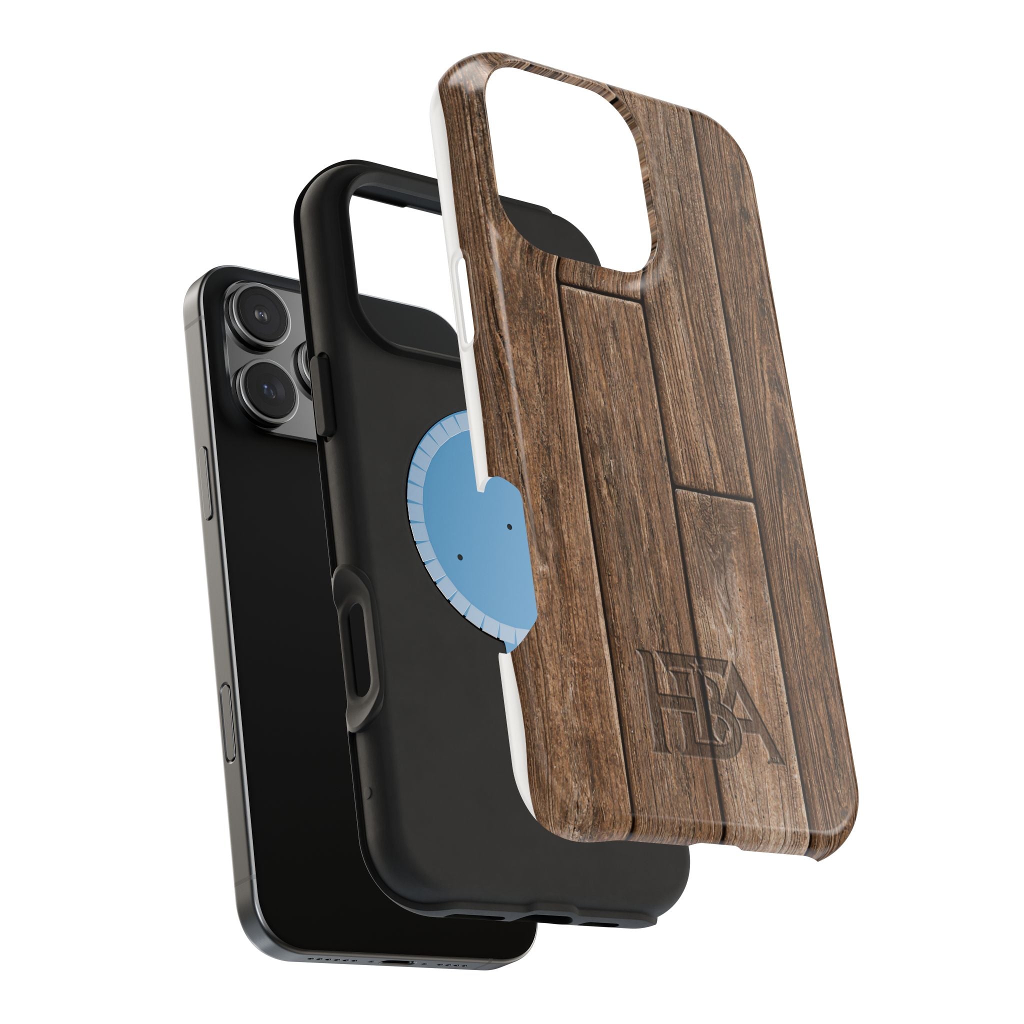 Wooden phone case with a blue logo and brand name on a white background
