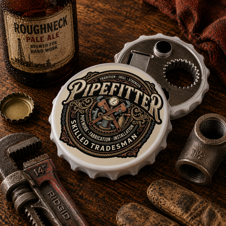 A bottle cap style tumbler with a vintage Pipefitter logo, styled on a rustic wooden table with wrenches, a beer bottle, and metal fittings.