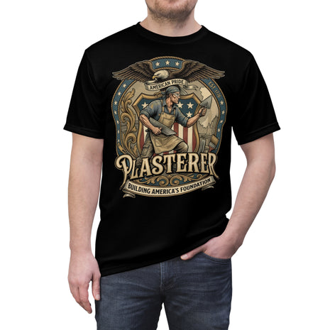 Black t-shirt with 'Plasterer Building America's Foundation' graphic design on a white background