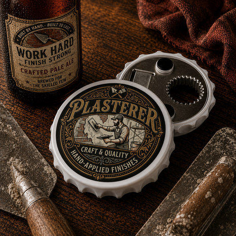 A bottle-cap-style opener and small container lid with a vintage Plasterer label, styled on a wooden tabletop with tools and a bottle in the background.