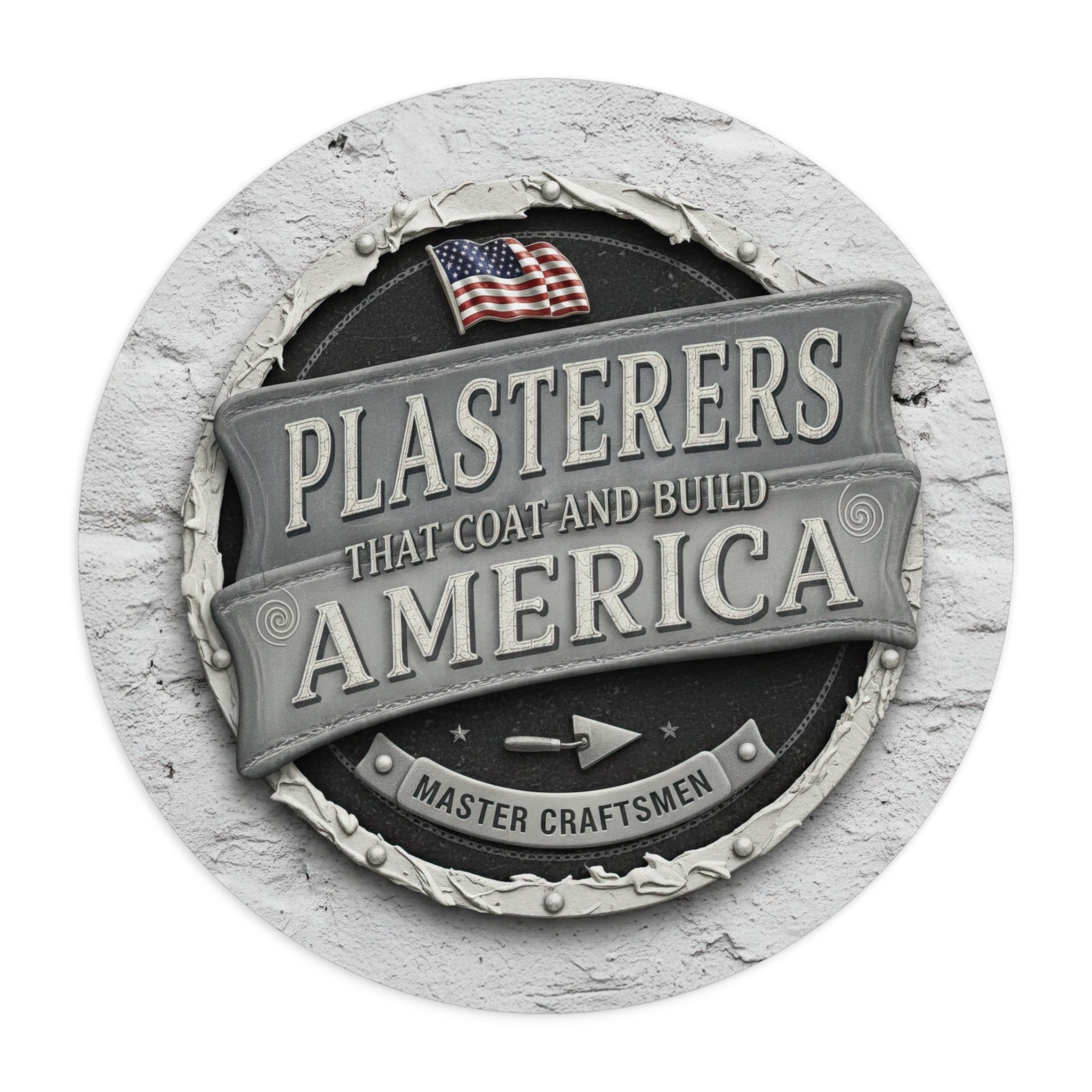 Decorative wall art with 'Plasterers That Coat and Build America' text and American flag on a white background.