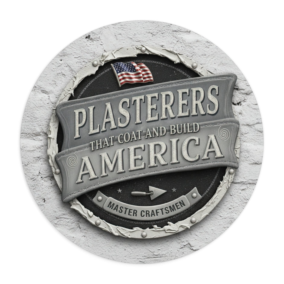 Decorative wall art with 'Plasterers That Coat and Build America' text and American flag on a white background.