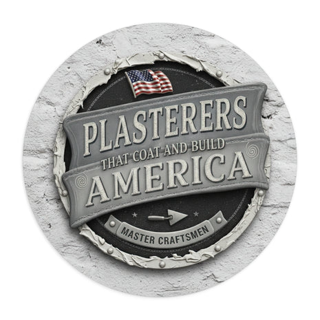 Decorative wall art with 'Plasterers That Coat and Build America' text and American flag on a white background.