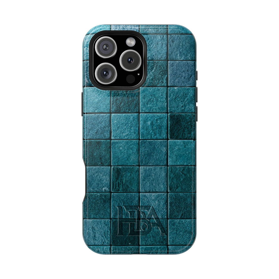Blue checkered phone case with a brand logo on a white background