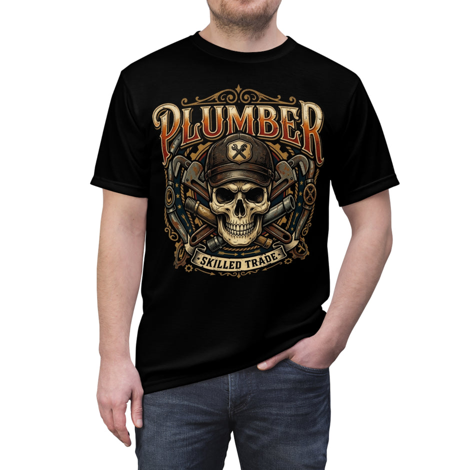 Black t-shirt with a skull and tools design and 'Plumber Skilled Trade' text on a white background.