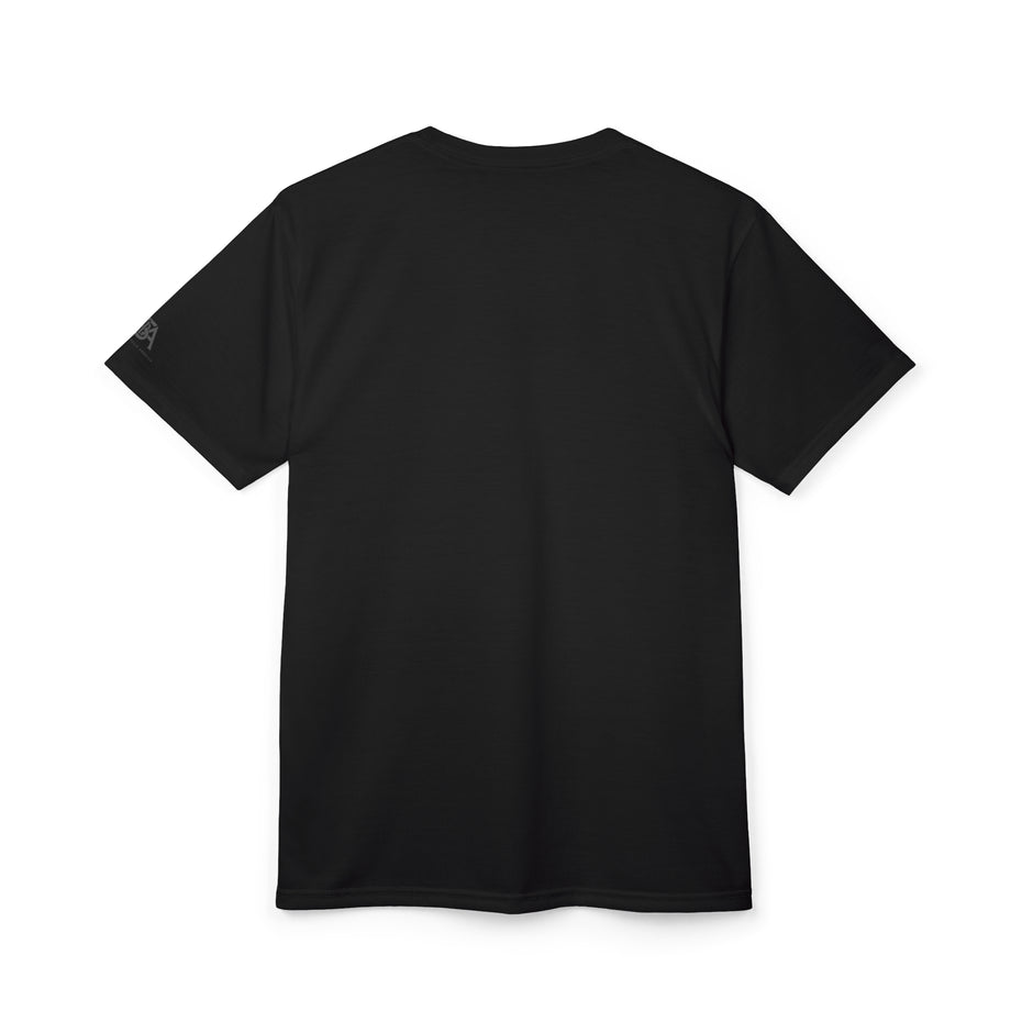Black t-shirt back side against a white background
