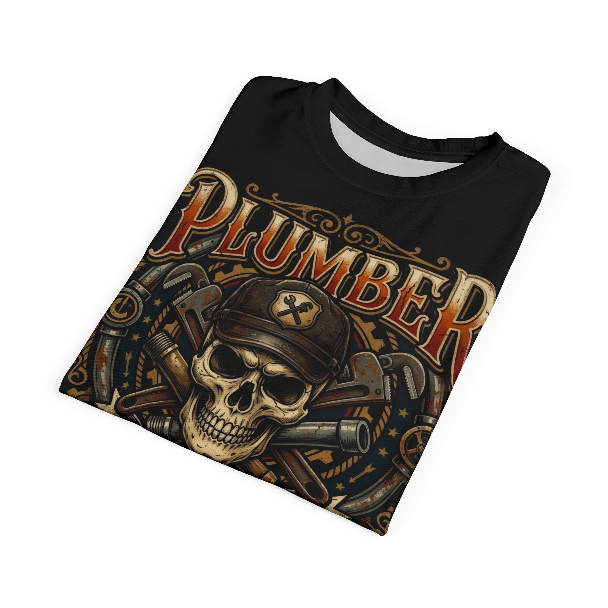 Black t-shirt with 'PLUMBER' design featuring a skull and tools on a white background