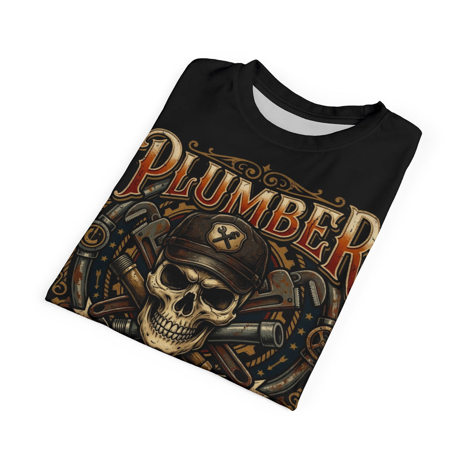 Black t-shirt with 'PLUMBER' design featuring a skull and tools on a white background