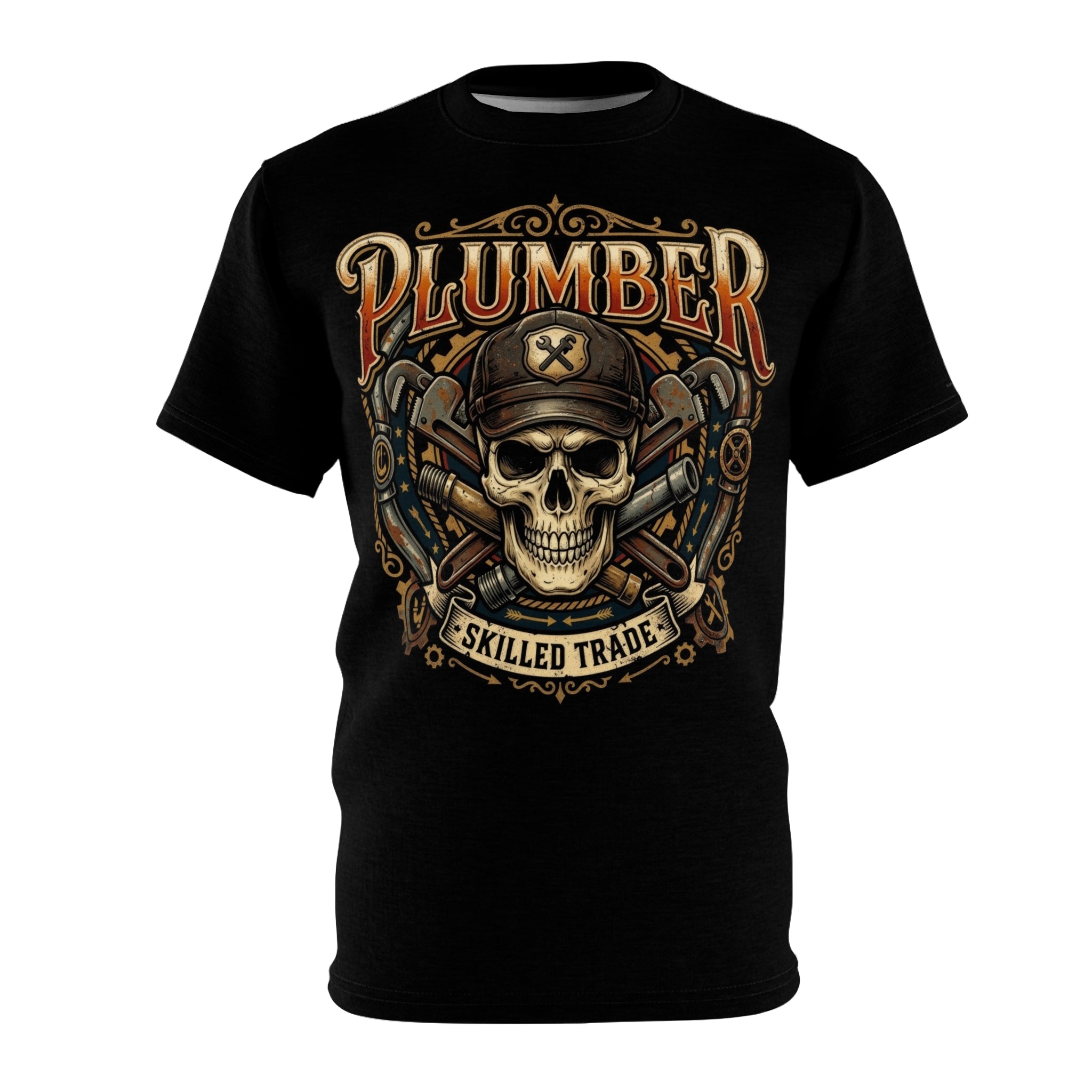 Black t-shirt with a skull and tools graphic and 'Plumber Skilled Trade' text on a white background