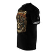 Black t-shirt with a graphic design featuring an HTBA logo on the sleeve on a white background