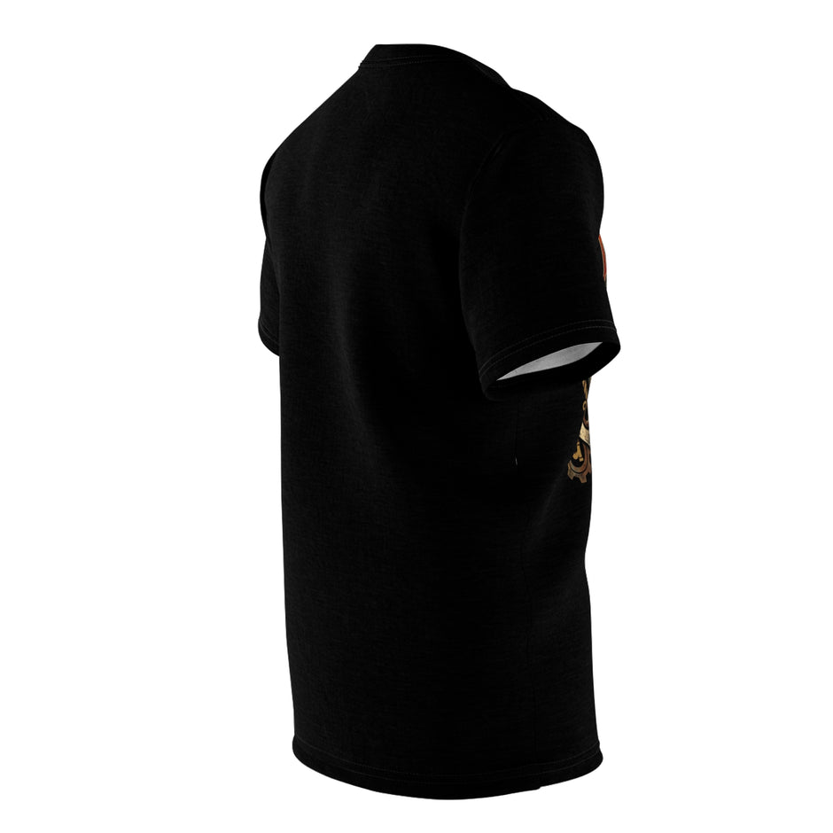 Black t-shirt against a white background