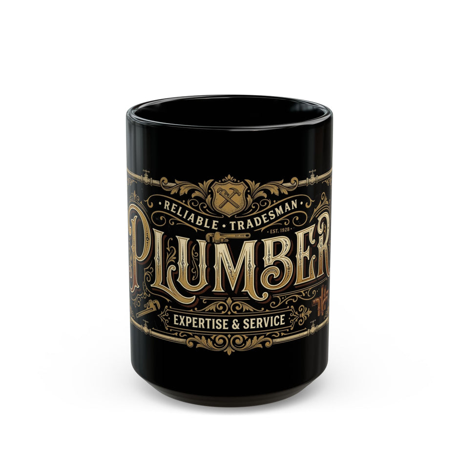 Black mug with gold decorative text on a white background