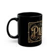 Black mug with gold decorative text and design on a white background