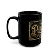 Black mug with gold decorative text on a white background