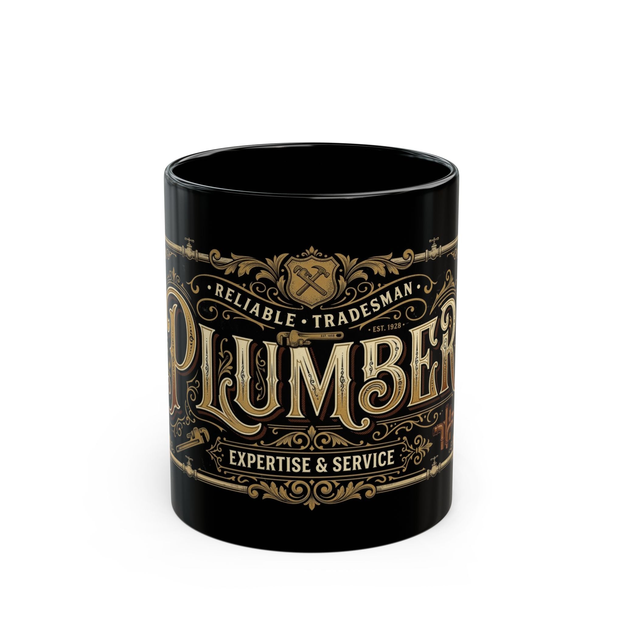 Black mug with gold decorative text on a white background