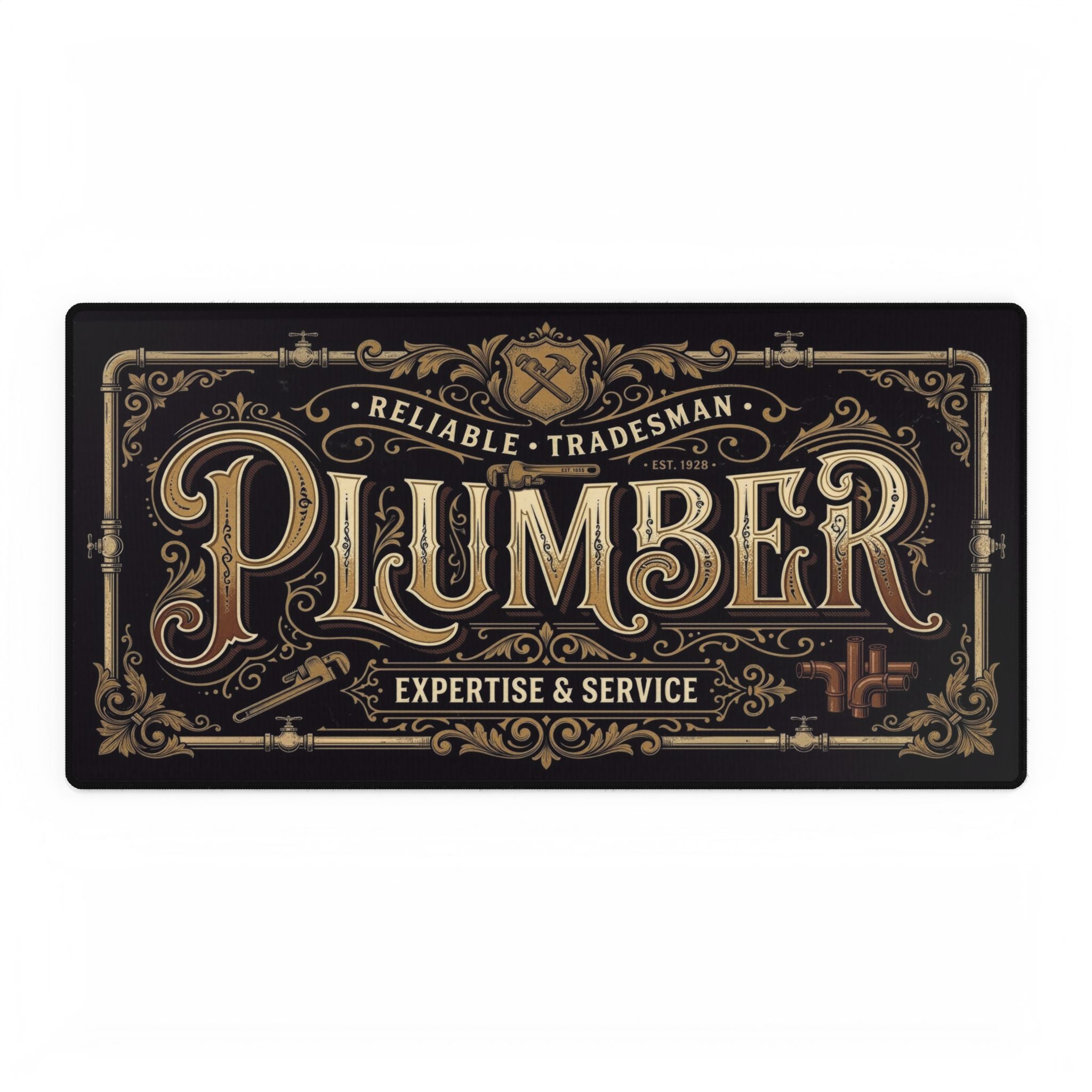 Decorative desk mat mouse pad with the word 'Plumber' in a decorative font on a black background