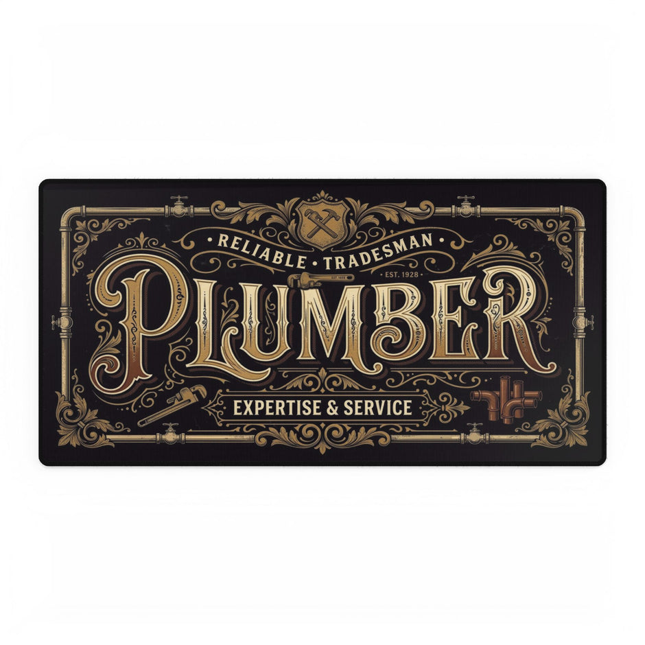 Decorative desk mat mouse pad with the word 'Plumber' in a decorative font on a black background