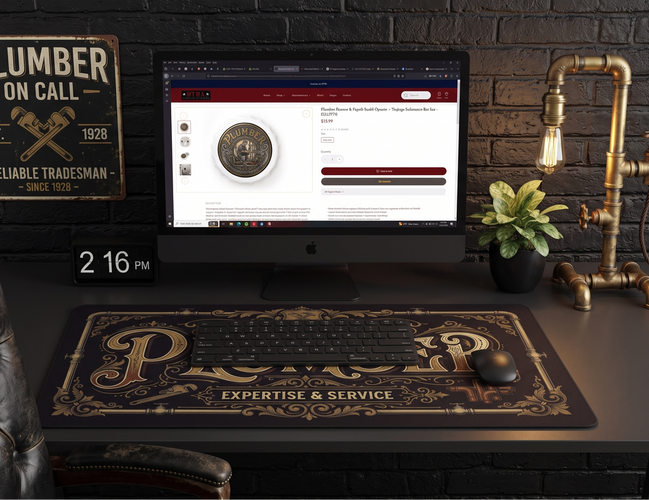 Plumber Desk Mat Mouse Pad - Vintage Style in a home office.