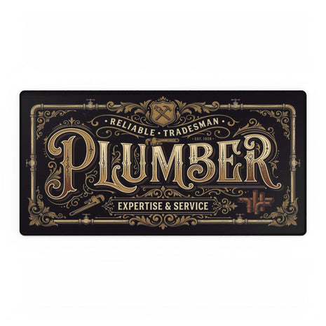 Decorative desk mat mouse pad with the word 'Plumber' in a decorative font on a black background