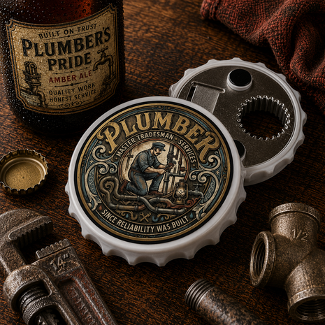 A set of bottle-cap-style coasters and bottle openers displayed on a rustic wooden surface with plumbing-themed props, including a bottle label reading 'Plumber Pride' and metal wrenches and pipe fittings.