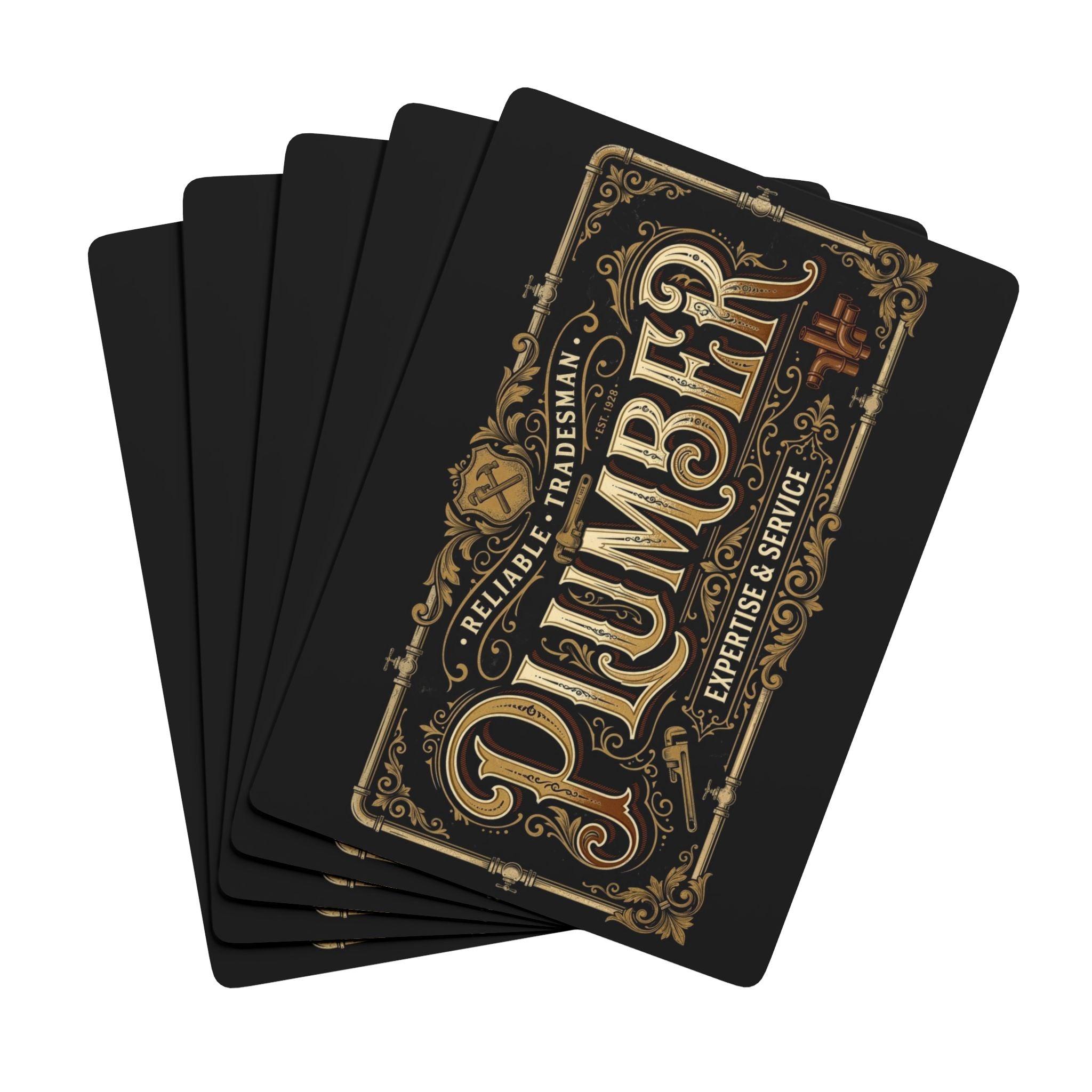 Set of black cards with gold 'Plumber' design on a white background