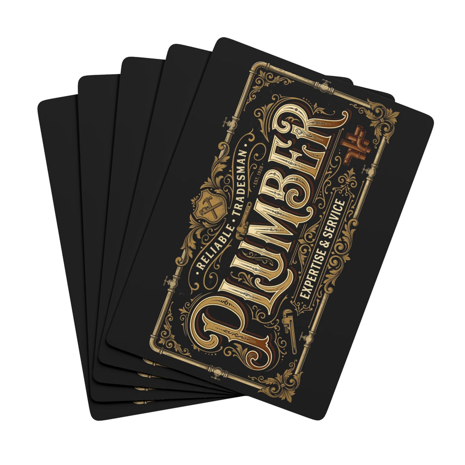 Set of black cards with gold 'Plumber' design on a white background