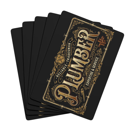 Set of black cards with gold 'Plumber' design on a white background