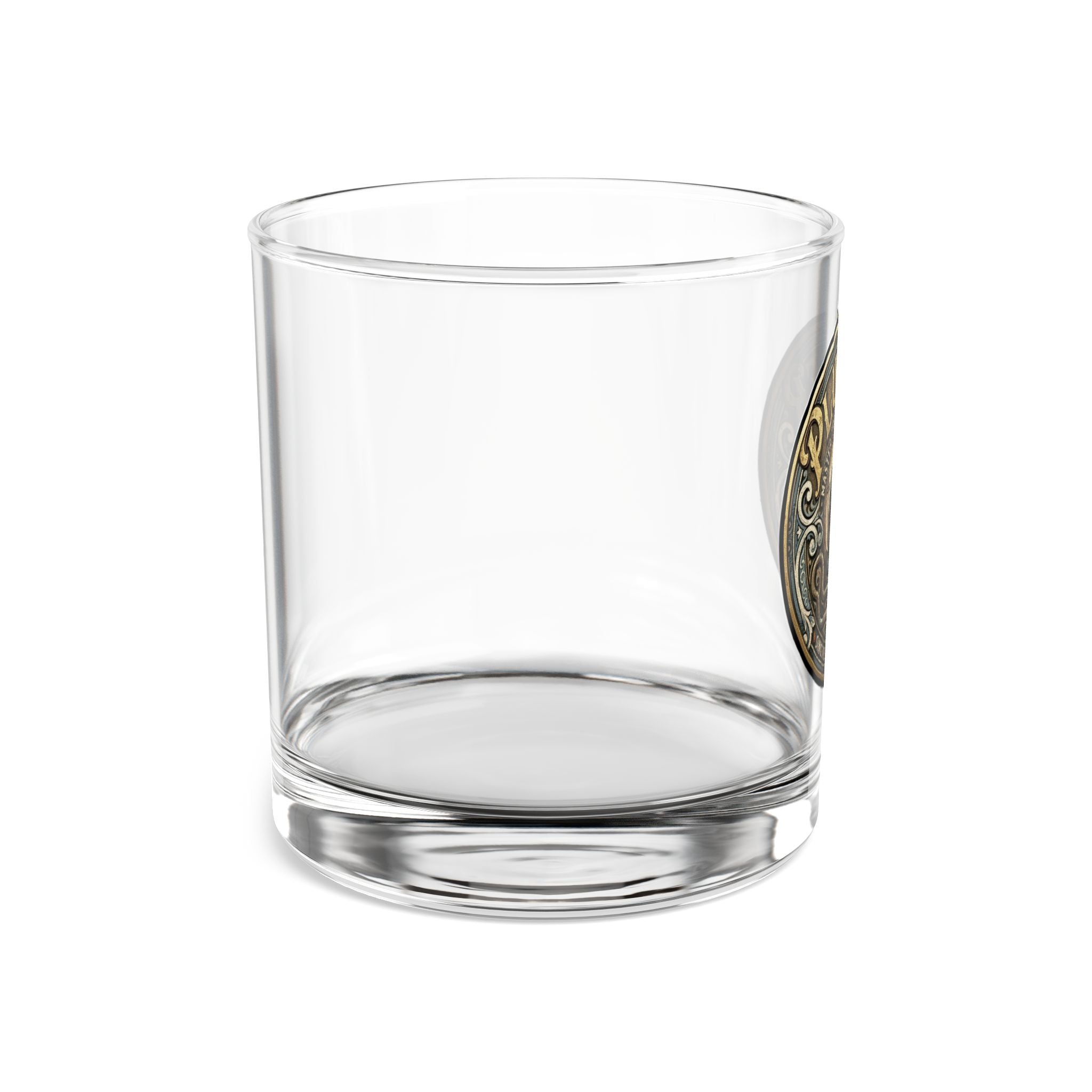 Side view of 10oz whiskey rocks glass on white background