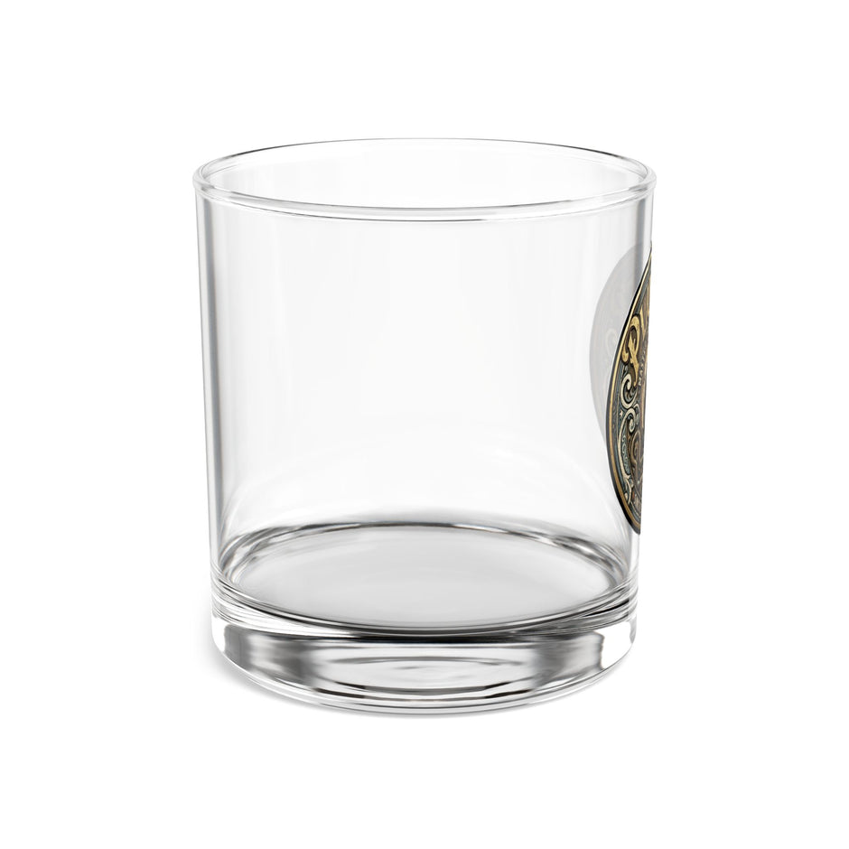 Side view of 10oz whiskey rocks glass on white background