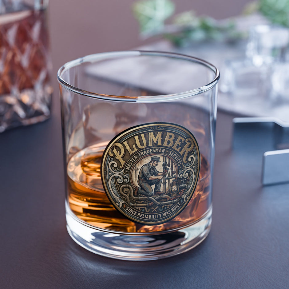 Glass with a 'Plumber' label filled with a amber liquid on a dark surface.