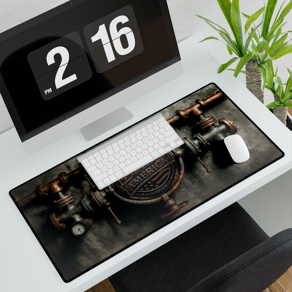 A large rectangular desk mat with a vintage industrial design featuring brass and copper pipes, a gauge, and the words 'Plumbers That Build America' styled on a white desk with a keyboard, mouse, and computer monitor.