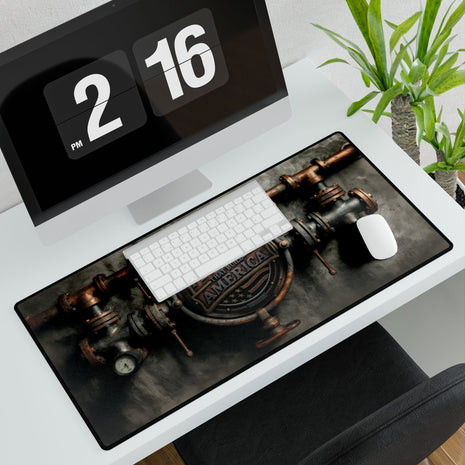 A large rectangular desk mat with a vintage industrial design featuring brass and copper pipes, a gauge, and the words 'Plumbers That Build America' styled on a white desk with a keyboard, mouse, and computer monitor.