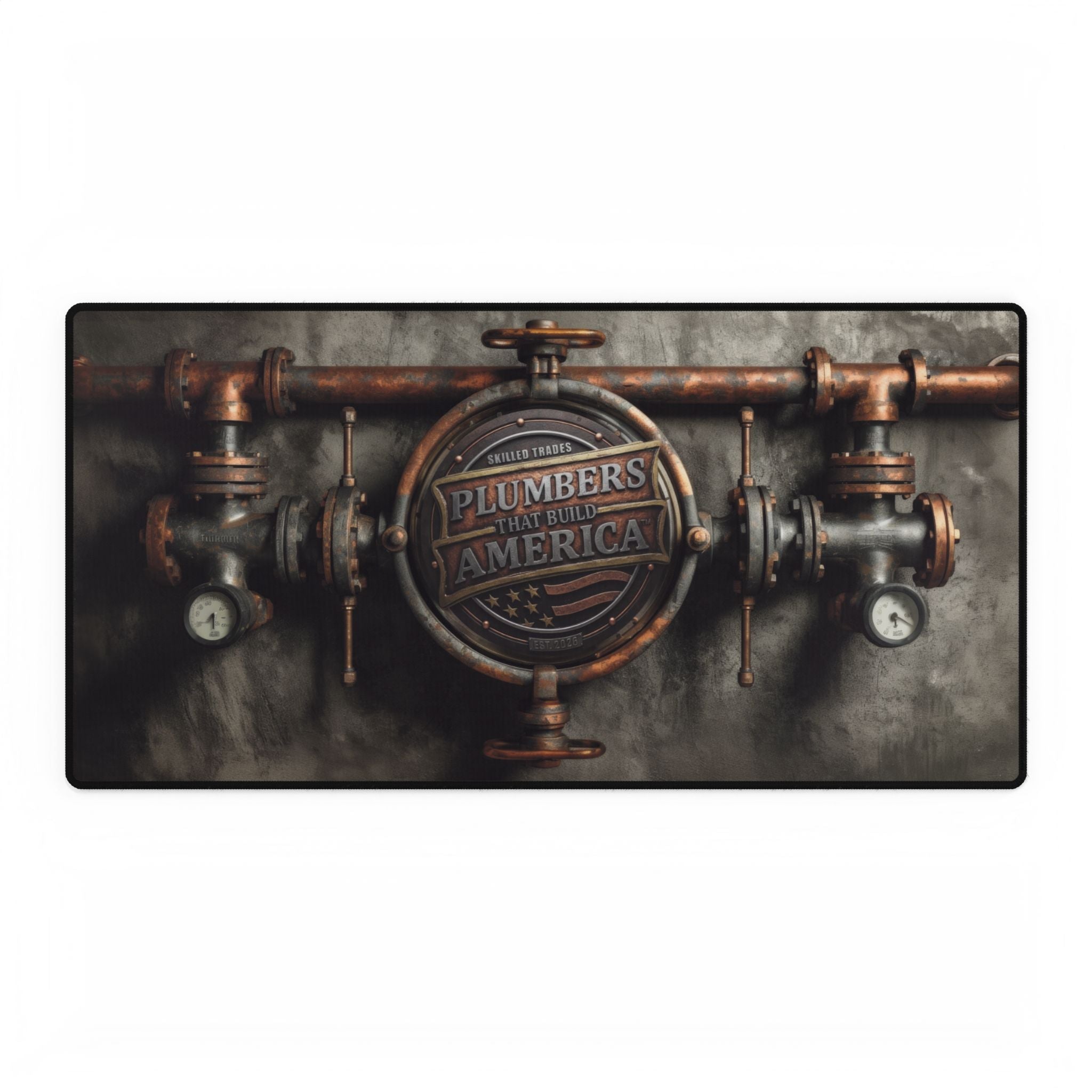 A rectangular Desk Mat featuring a vintage-style copper and dark metal plumbing fixture design with a central circular emblem reading 'Plumber's That Built America,' shown against a plain white background.