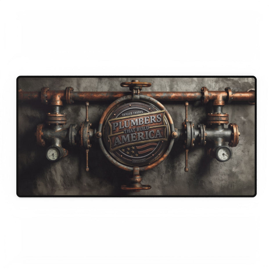 A rectangular Desk Mat featuring a vintage-style copper and dark metal plumbing fixture design with a central circular emblem reading 'Plumber's That Built America,' shown against a plain white background.
