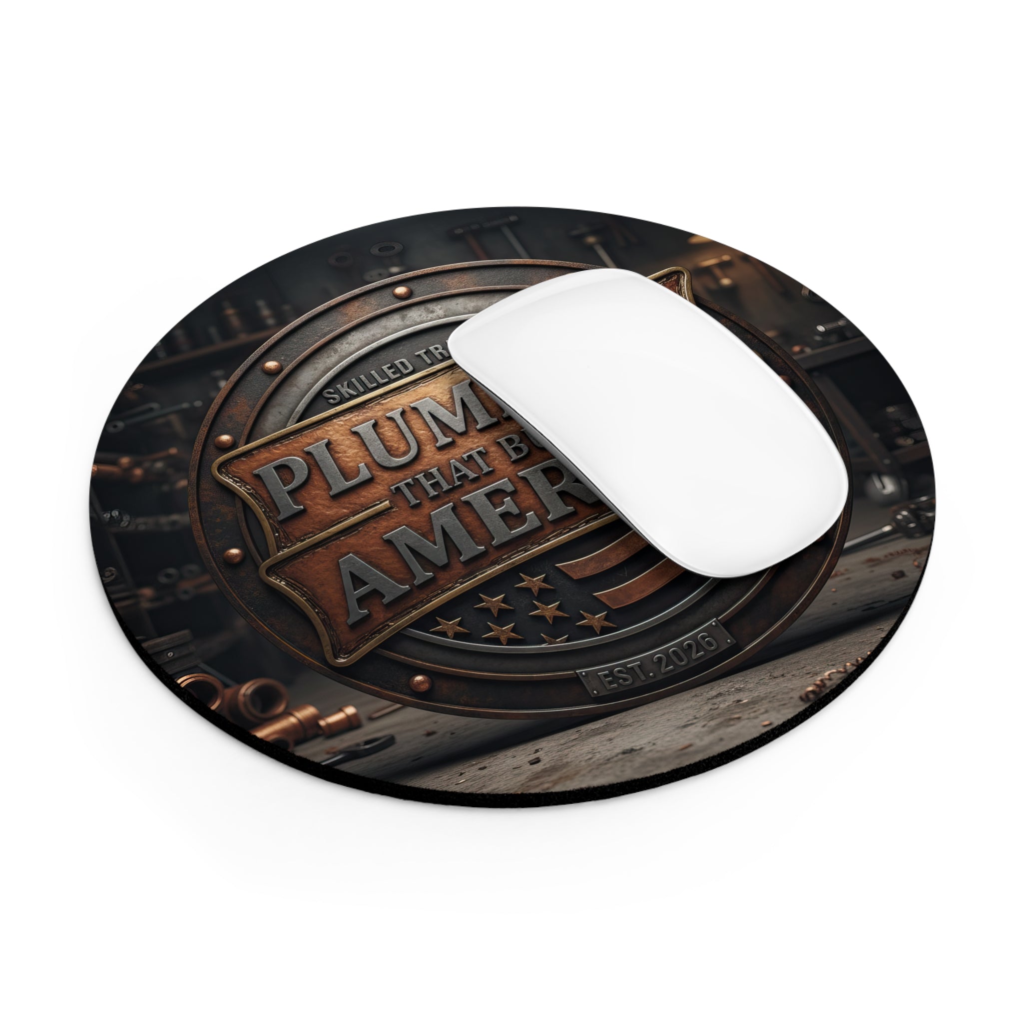 Mouse pad with 'Plumber's That Build America' design and a white mouse on a white background