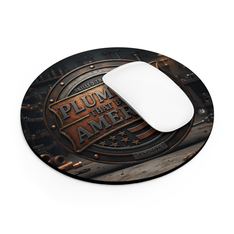 Mouse pad with 'Plumber's That Build America' design and a white mouse on a white background