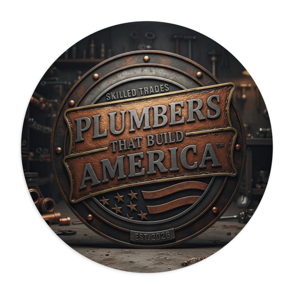 Round Mouse Pad with 'Plumbers That Build America' text and American flag design on a white background.
