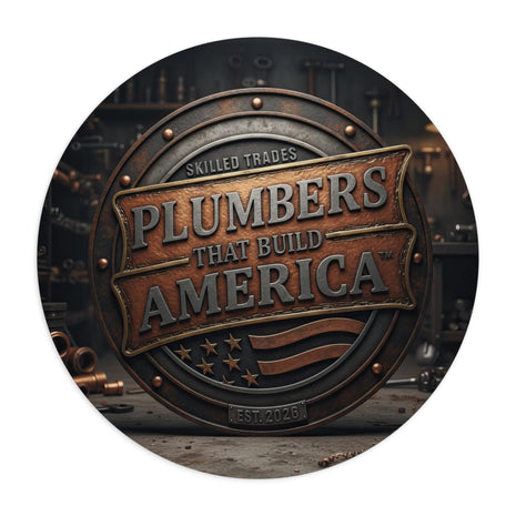 Round Mouse Pad with 'Plumbers That Build America' text and American flag design on a white background.