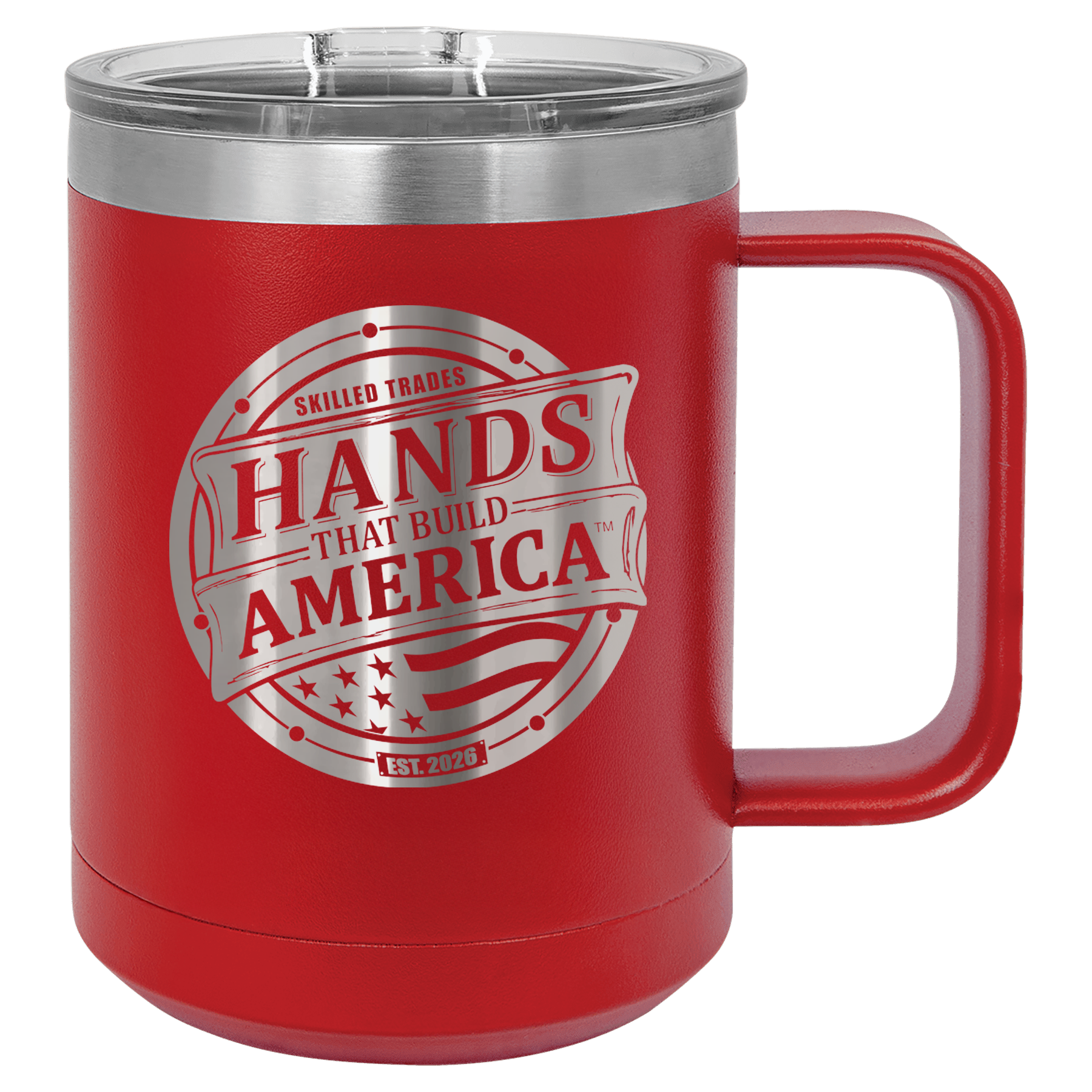 Red mug with 'Hands That Build America' logo on a checkered background