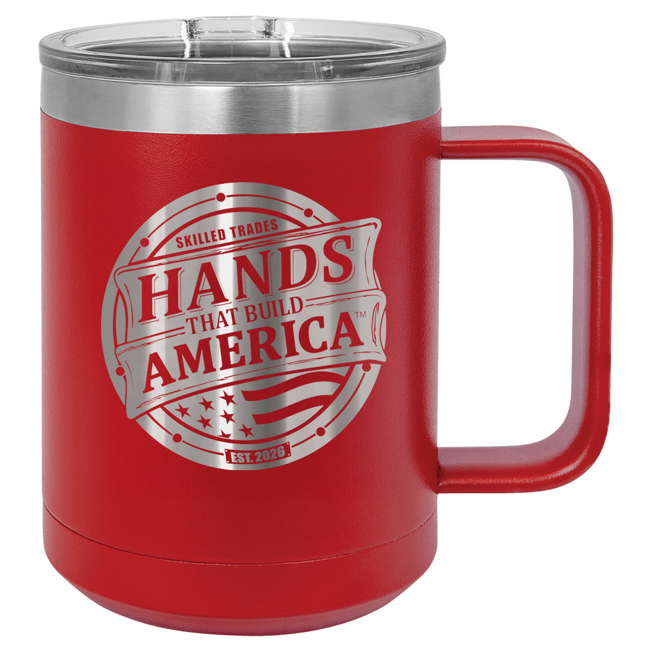 Red mug with 'Hands That Build America' logo on a checkered background