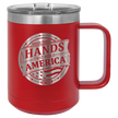Red mug with 'Hands That Build America' logo on a checkered background