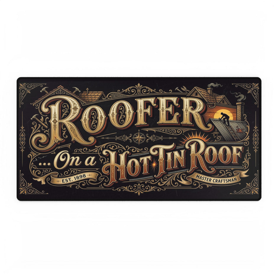 Desk Mat Mouse Pad Design with 'Roofer on a Hot Tin Roof' text and roof illustrations.