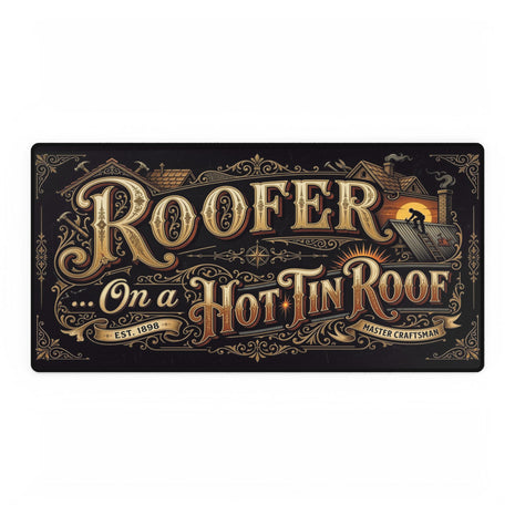 Desk Mat Mouse Pad Design with 'Roofer on a Hot Tin Roof' text and roof illustrations.