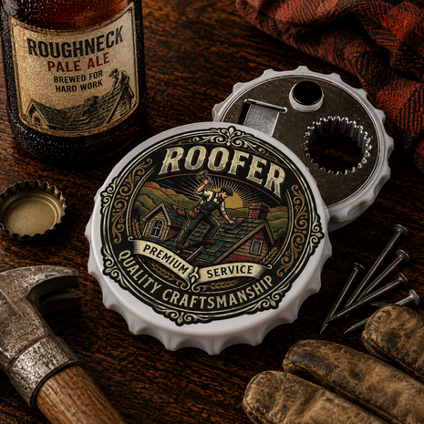 A white and dark metal bottle cap opener styled on a wooden workbench with a hammer, nails, gloves, and a beer bottle nearby. The opener features a vintage-style roofer illustration with the words 'ROofer', 'Premium Service', and 'Quality Craftsmanship'.