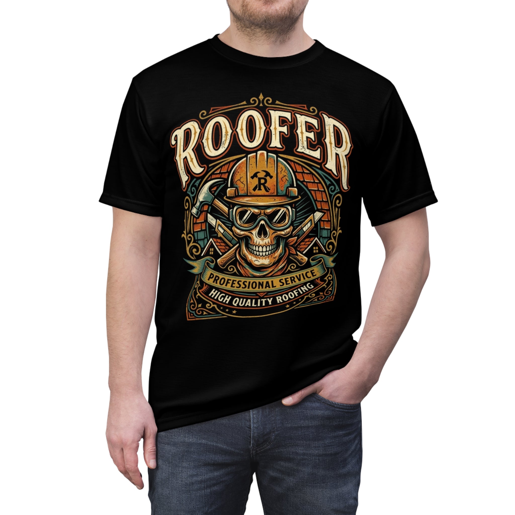 Black t-shirt with 'Roofer' graphic design featuring a skull and hard hat on a white background.