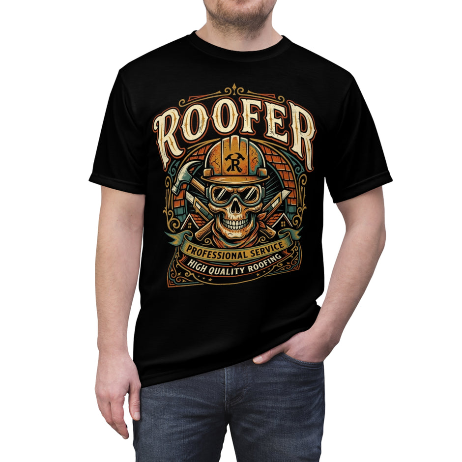 Black t-shirt with 'Roofer' graphic design featuring a skull and hard hat on a white background.