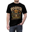 Black t-shirt with 'Roofer' graphic design featuring a skull and hard hat on a white background.