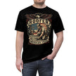 Black t-shirt with 'Roofer American Pride' graphic design on a white background